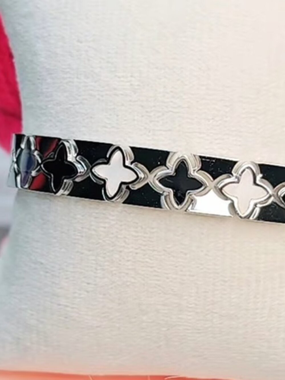 Rhodium Black and White Clover Hinge Bracelet